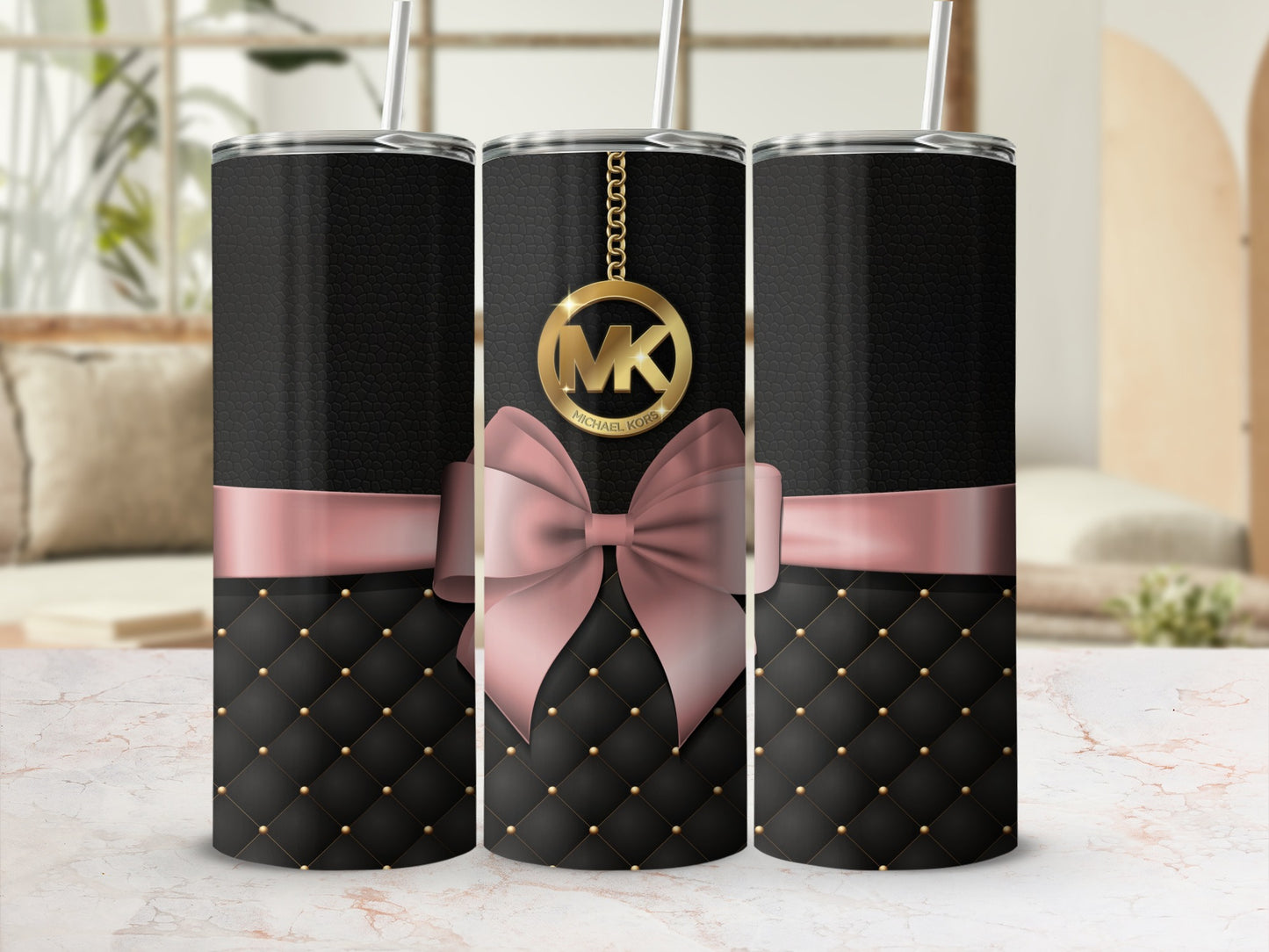 Elegant Black and Pink Quilted Tumbler with Bow Design