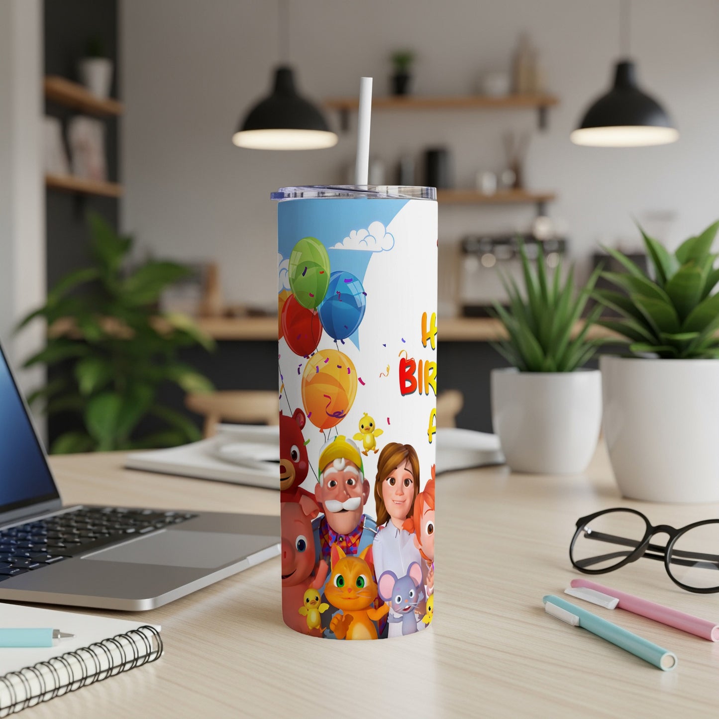 Cocomelon characters on a colorful tumbler with birthday balloons and confetti.