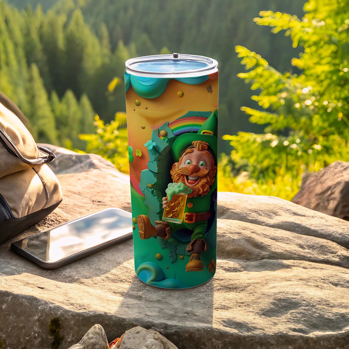 St. Patrick's Day tumbler with a leprechaun and rainbow design.