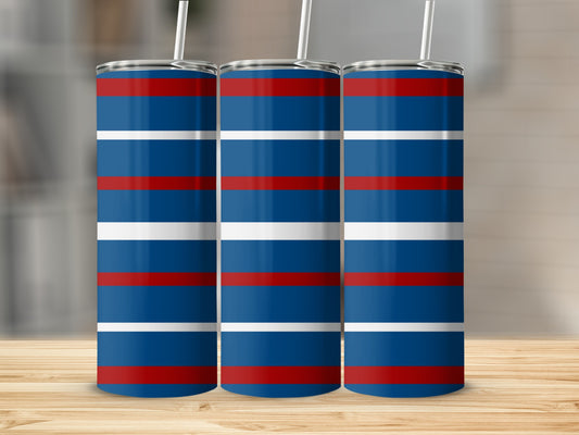 Three tall, slender tumblers with red, white, and blue horizontal stripes.