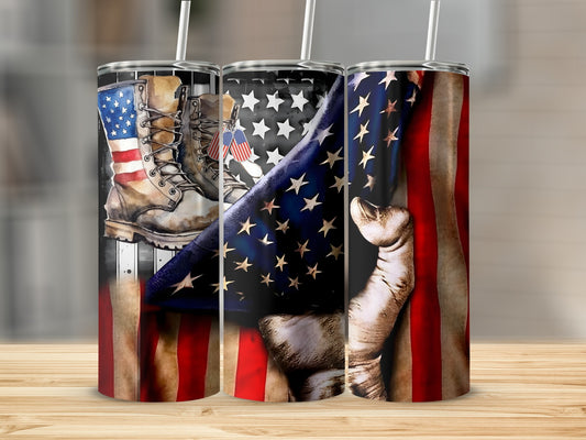 American flag tumbler with military boots and a fist.