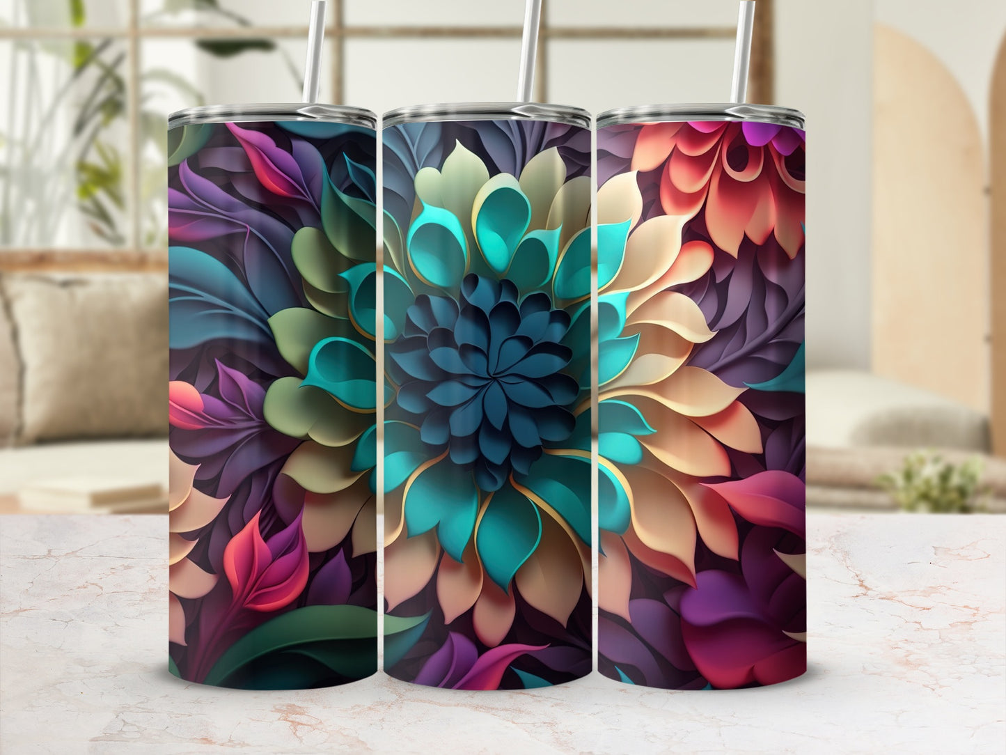 Colorful Floral Patterned Stainless Steel Tumbler