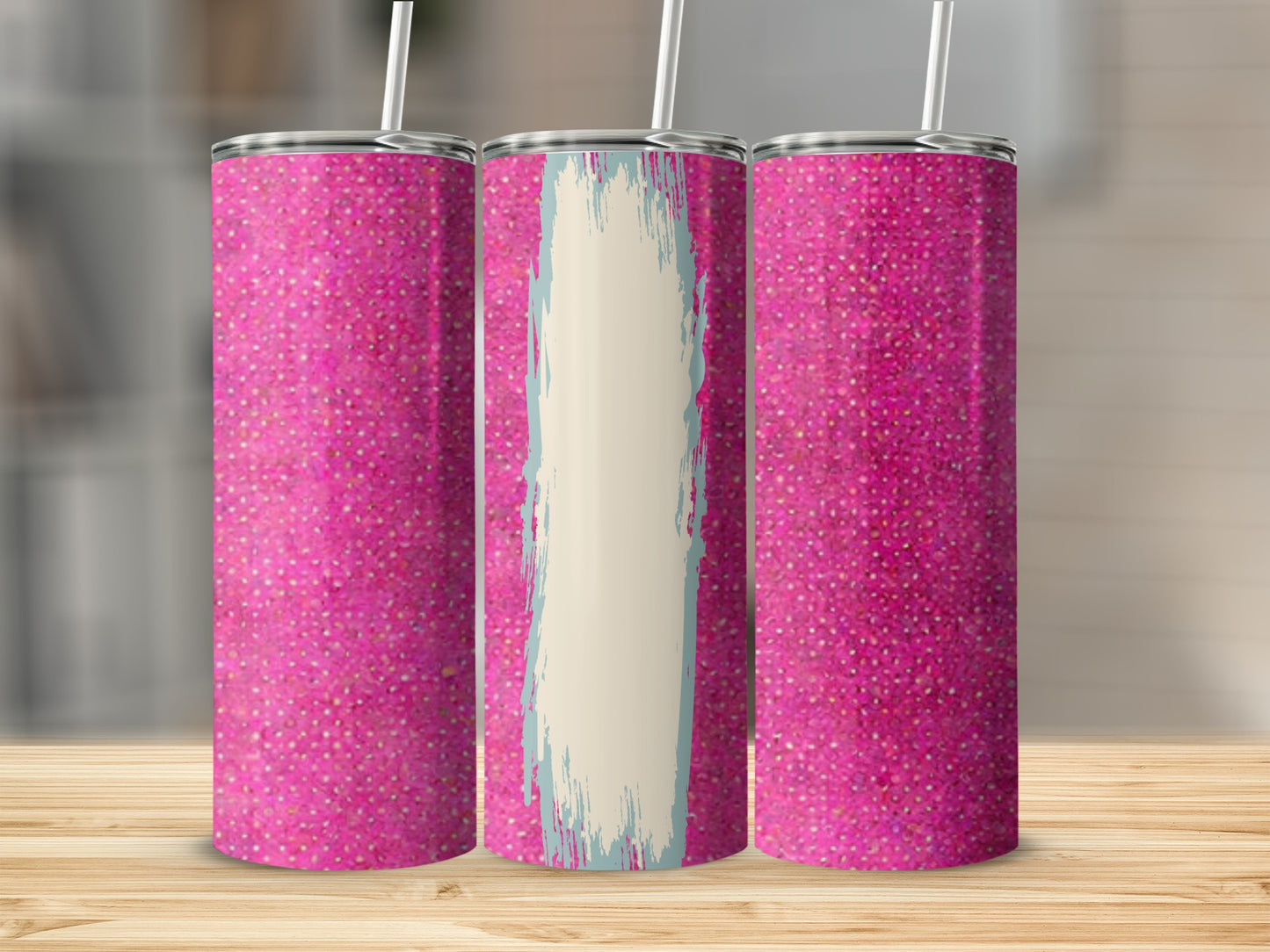 Three pink glitter tumblers with a distressed stripe design.