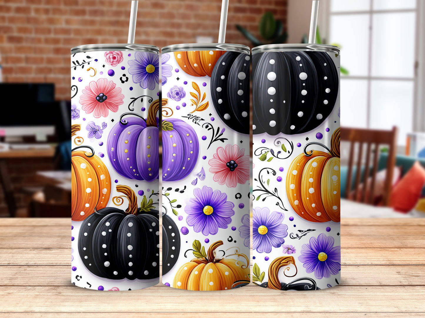 Colorful Floral and Pumpkin Design Tumbler Cup