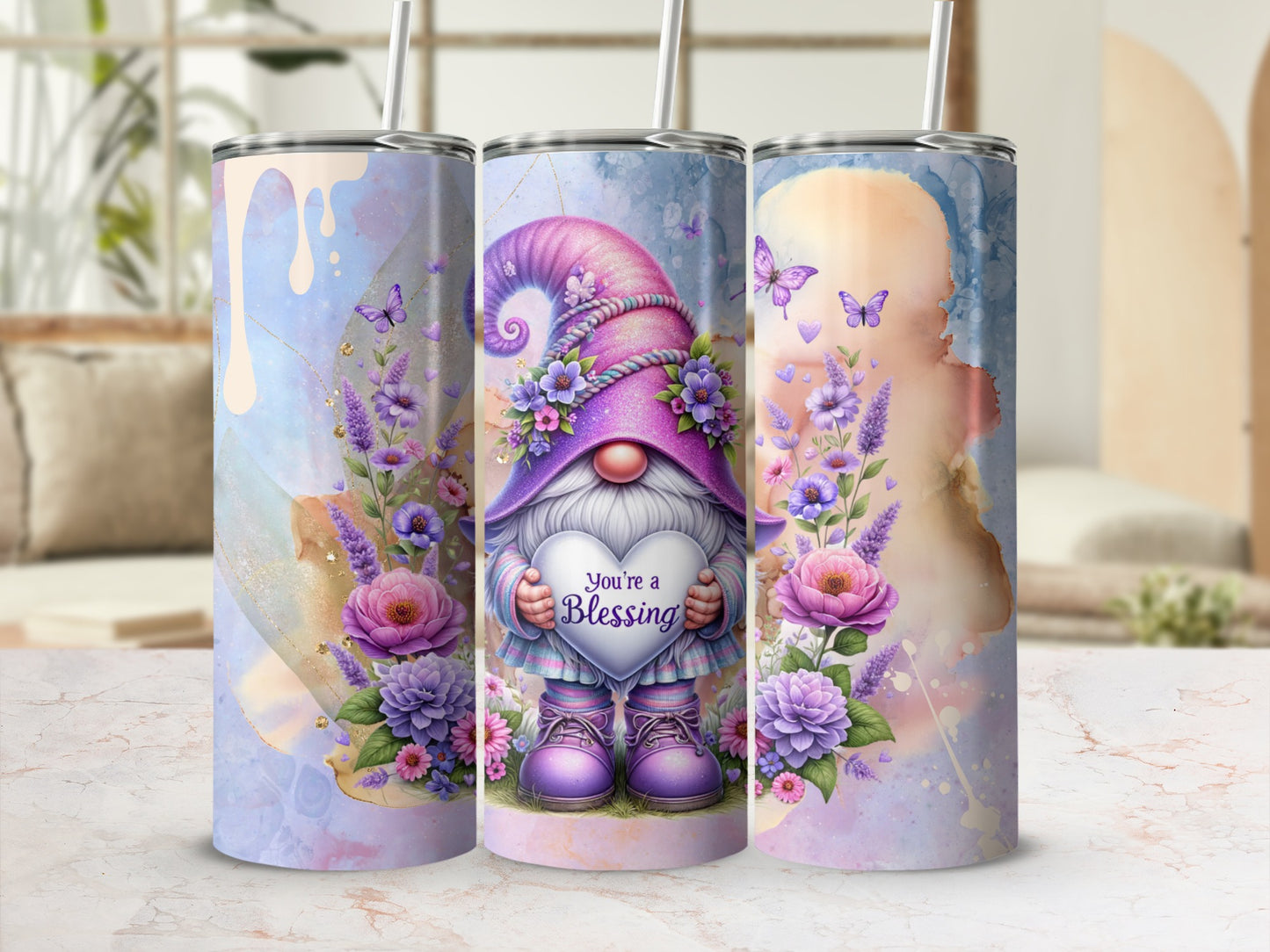 Colorful Floral Gnome You're a Blessing tumbler design