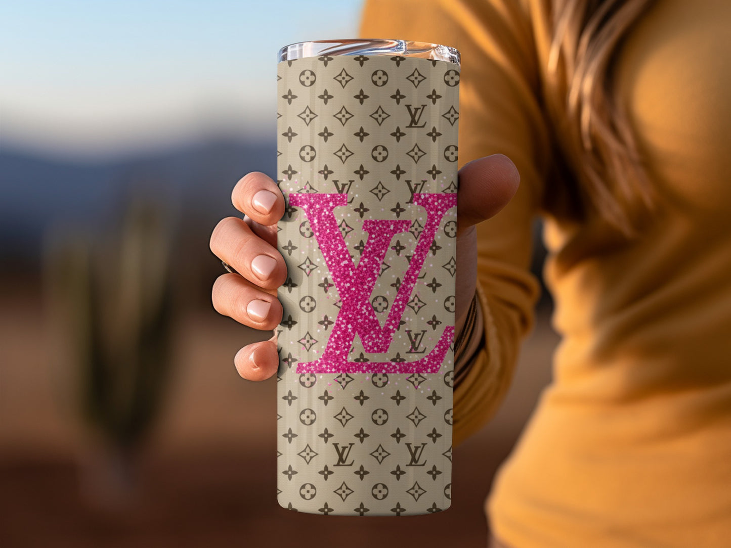 Glitter LV Pattern In Pink On Brown Tumblers