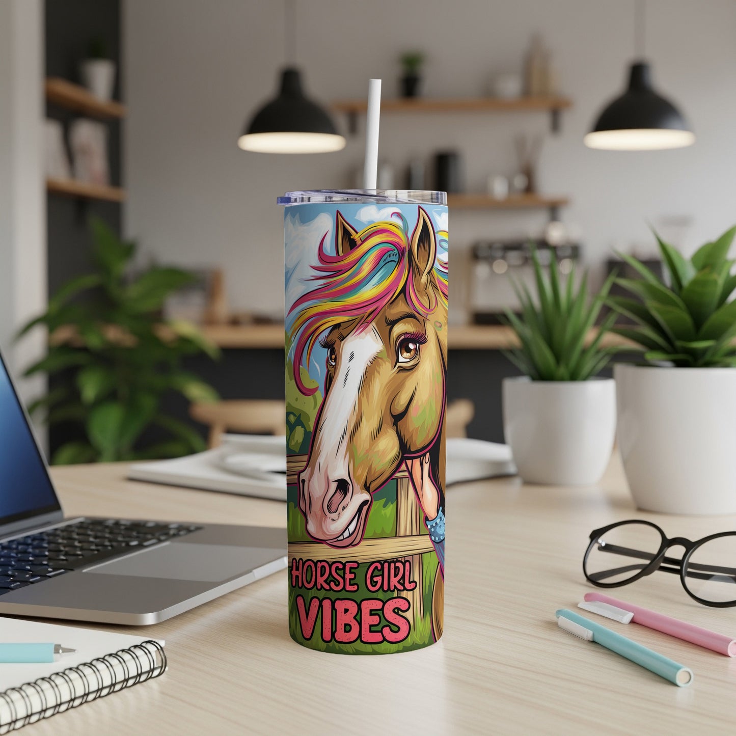 Colorful horse illustration with "Horse Girl Vibes" text on a tumbler.