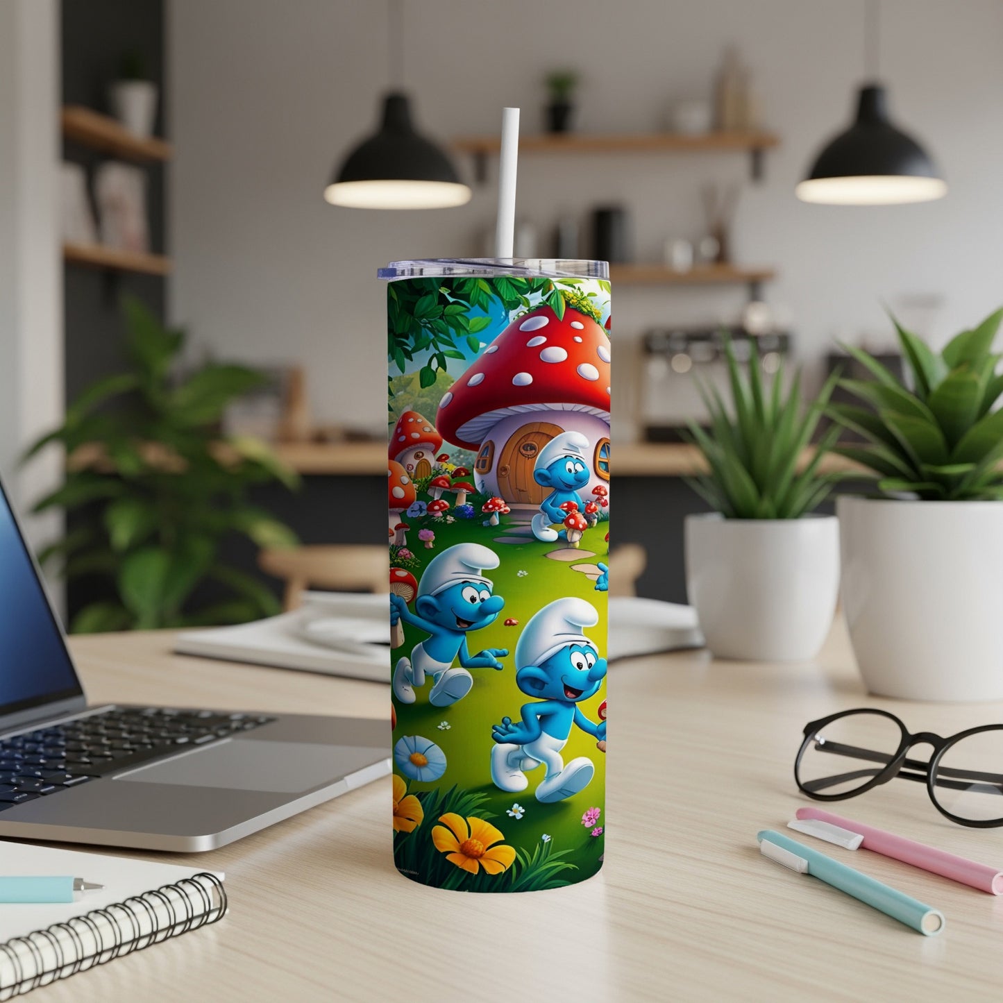 Smurfs in a grassy field with mushrooms and flowers, on a white tumbler with straw.