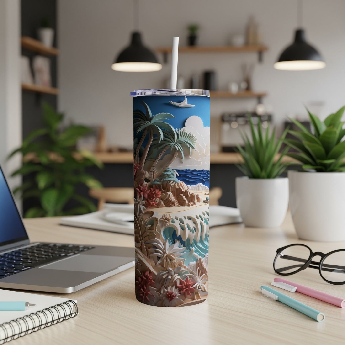 Beach scene tumbler with palm trees and ocean waves.