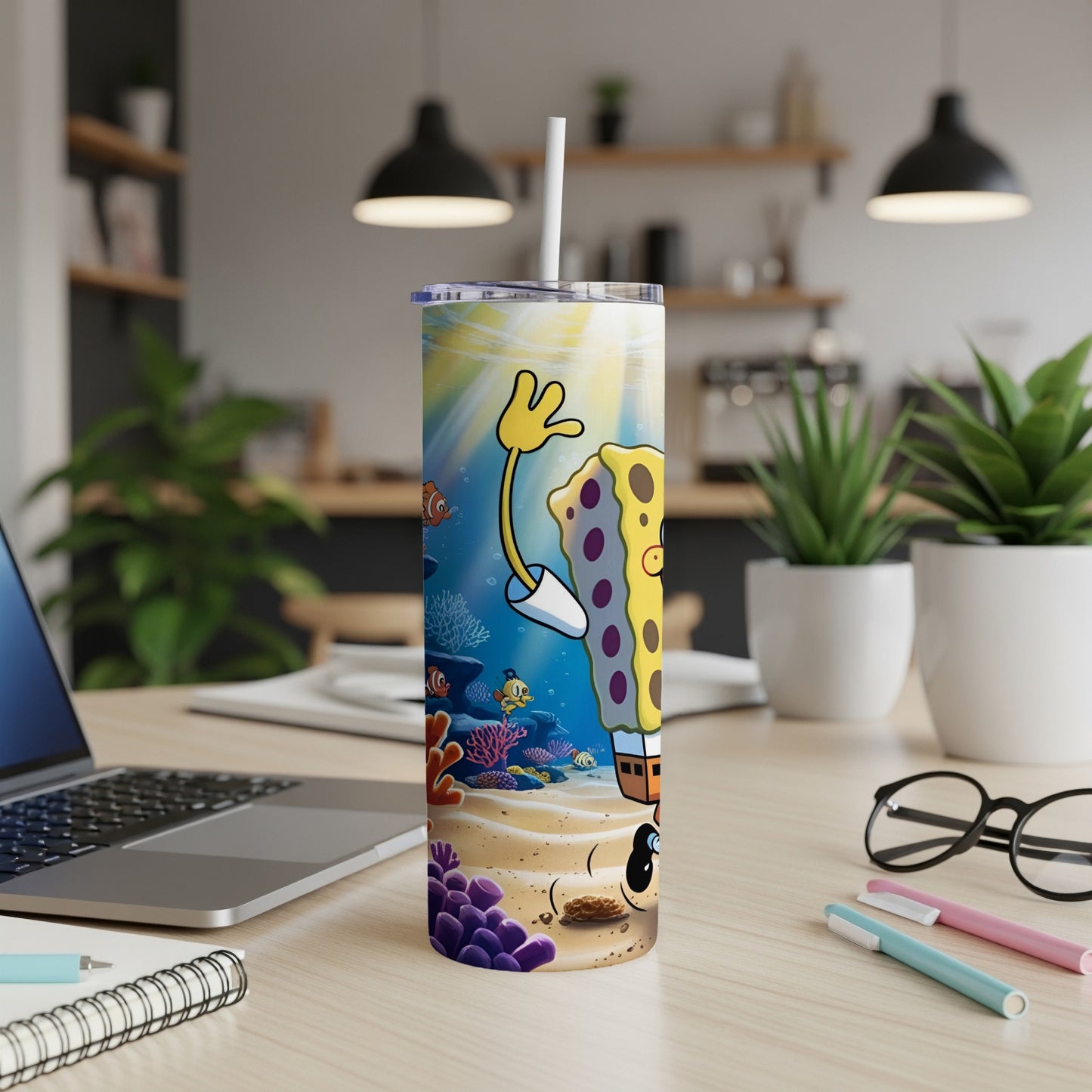 SpongeBob SquarePants character on a yellow tumbler with underwater scene.