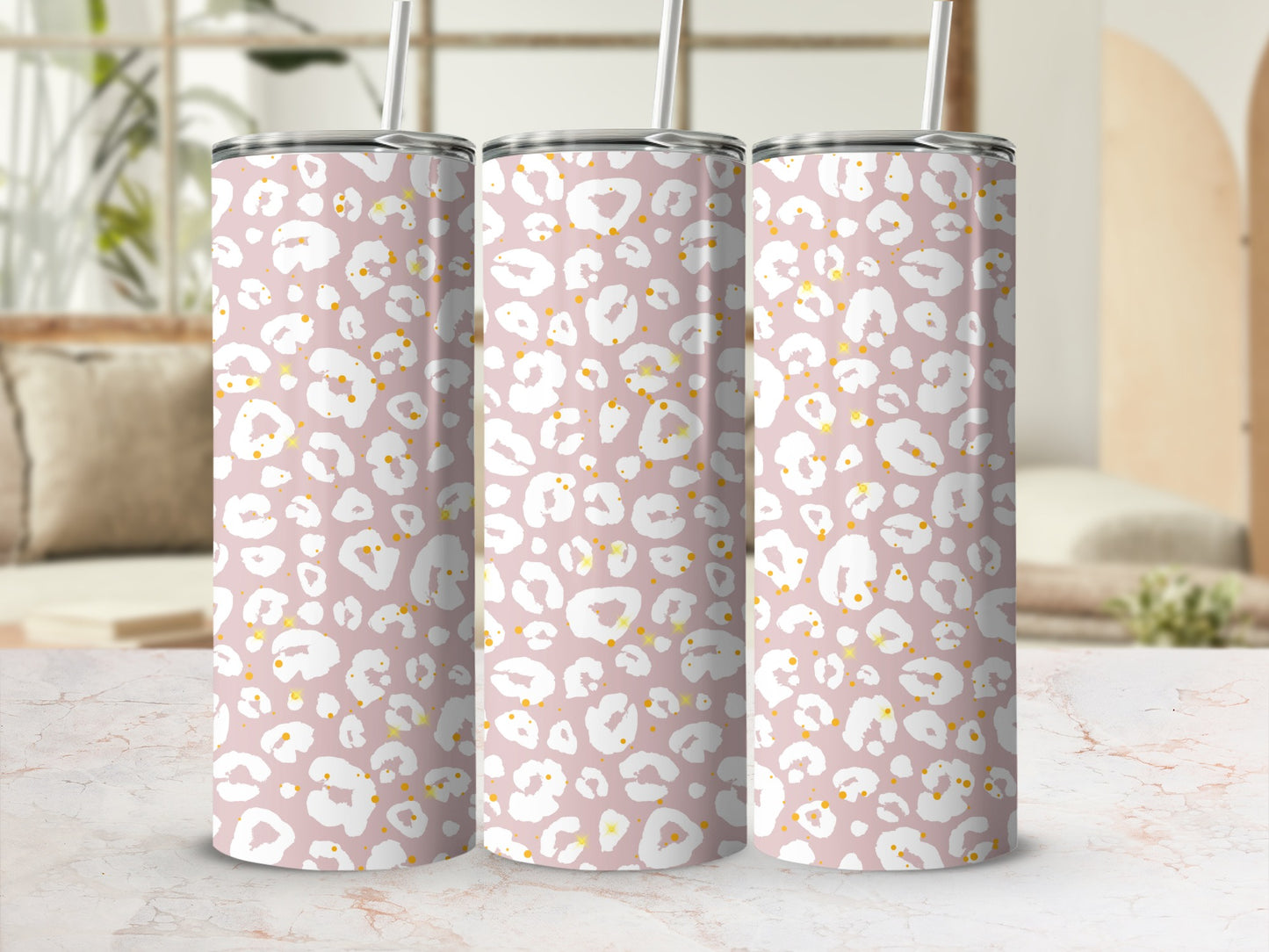 Pink and White Leopard Print Tumbler Cup with Straw