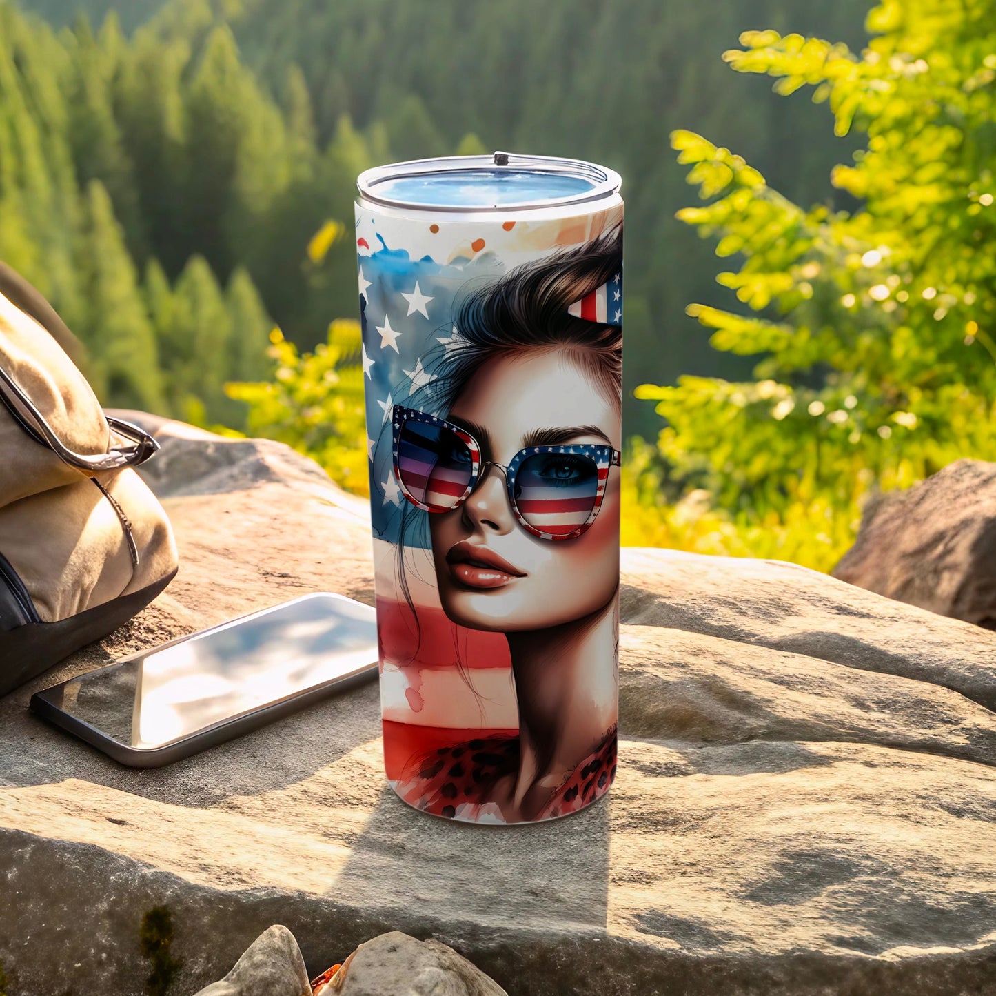 Woman in American flag sunglasses and leopard print tumbler outdoors.
