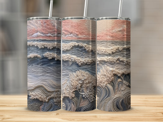Three tumblers with abstract ocean wave and sky design.