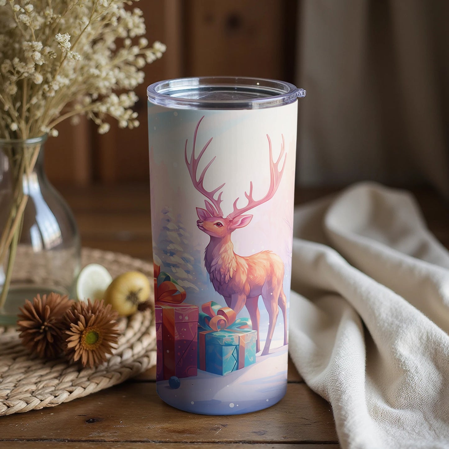 Festive Deer with Presents Artwork Tumbler Cup