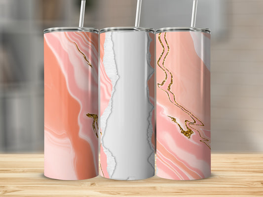 Three skinny tumblers with a pink and white marbled design and gold accents.