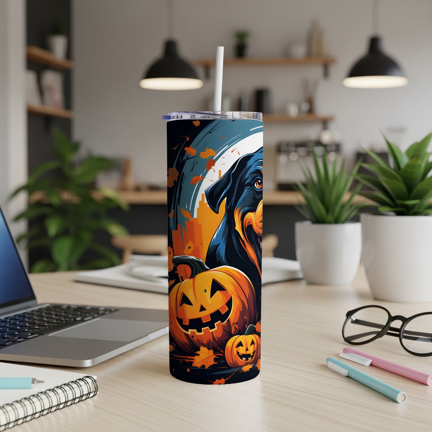 Halloween tumbler featuring a Rottweiler and jack-o'-lanterns with falling leaves.
