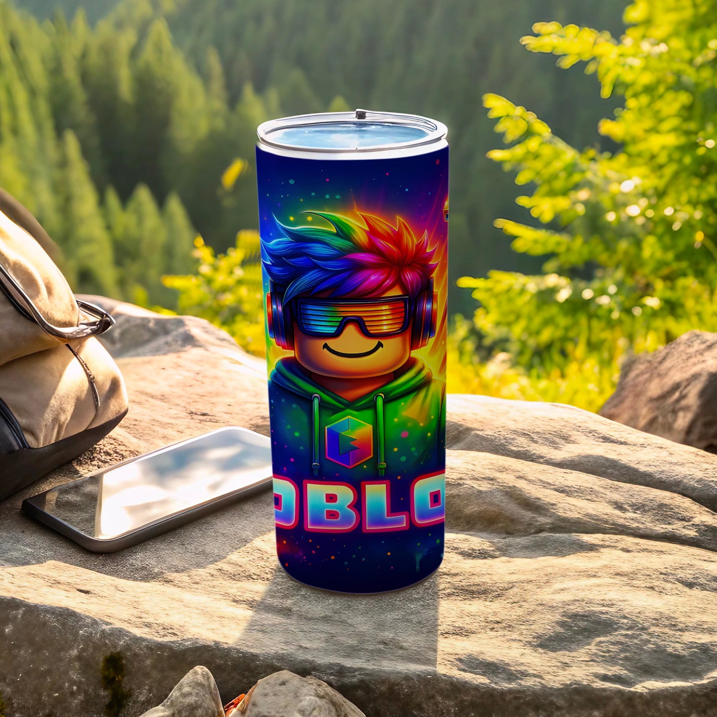Vibrant Gaming Character Tumbler with Headphones Design