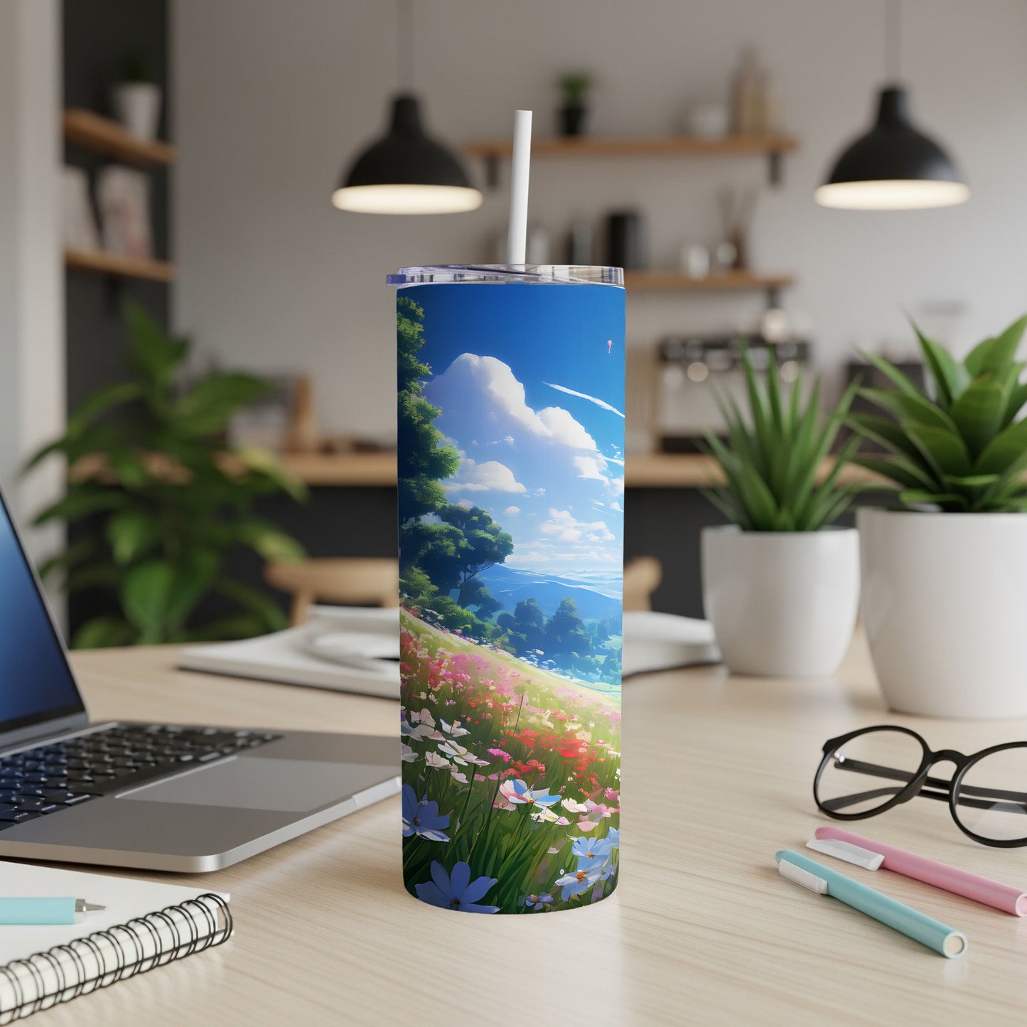 Tumbler with anime-style landscape of flowers and trees under a blue sky.