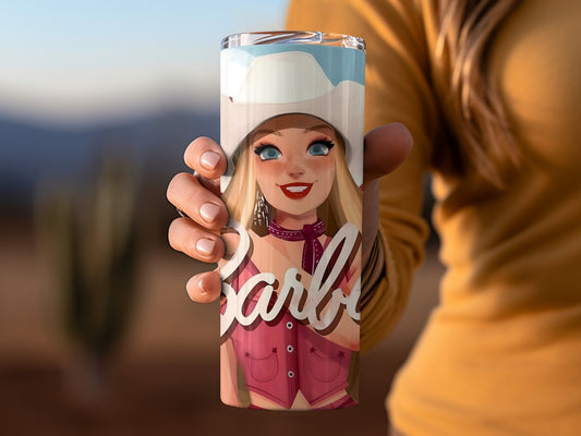 Barbie Cowgirl Illustration Red Starburst Blue Sky Tumblers