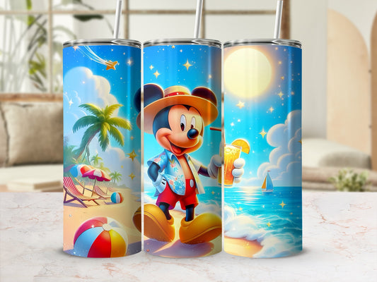 Colorful Beach Scene Travel Tumbler with Cute Character