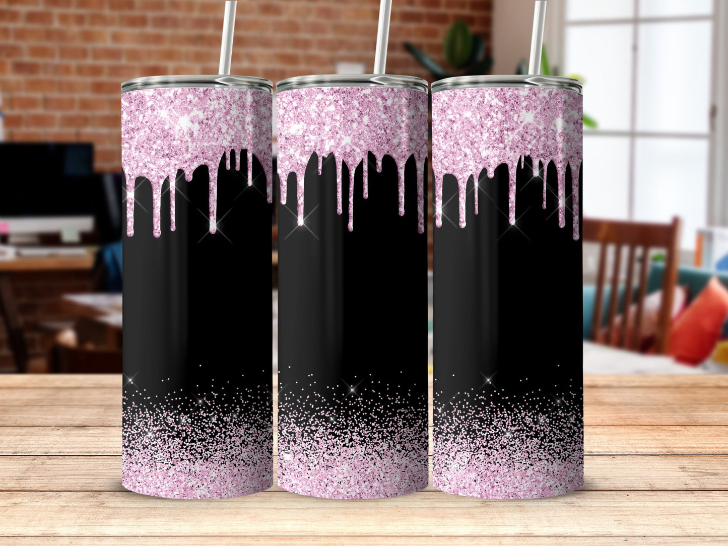 Glittering Black and Pink Drip Design Tumbler Product