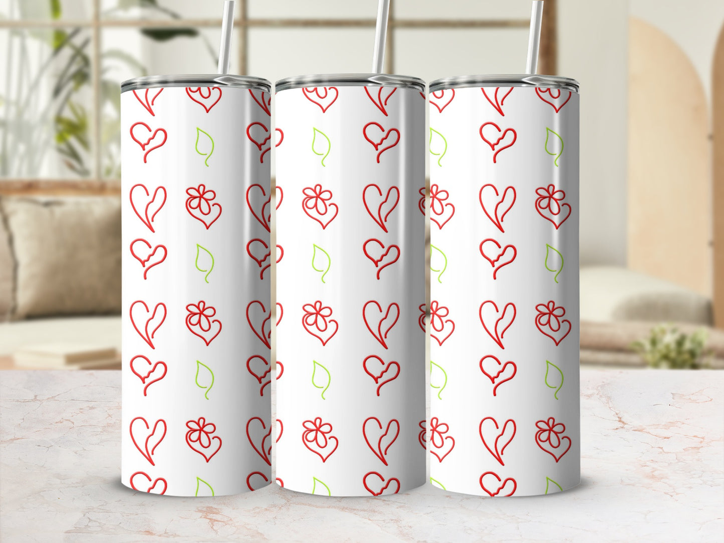 Cute Heart and Flower Patterned 20oz Tumbler