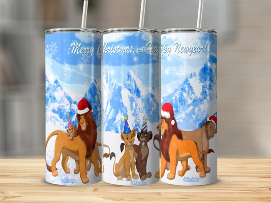Four lions in Santa hats celebrate with snow-capped mountains and "Merry Christmas and Happy New Year!"