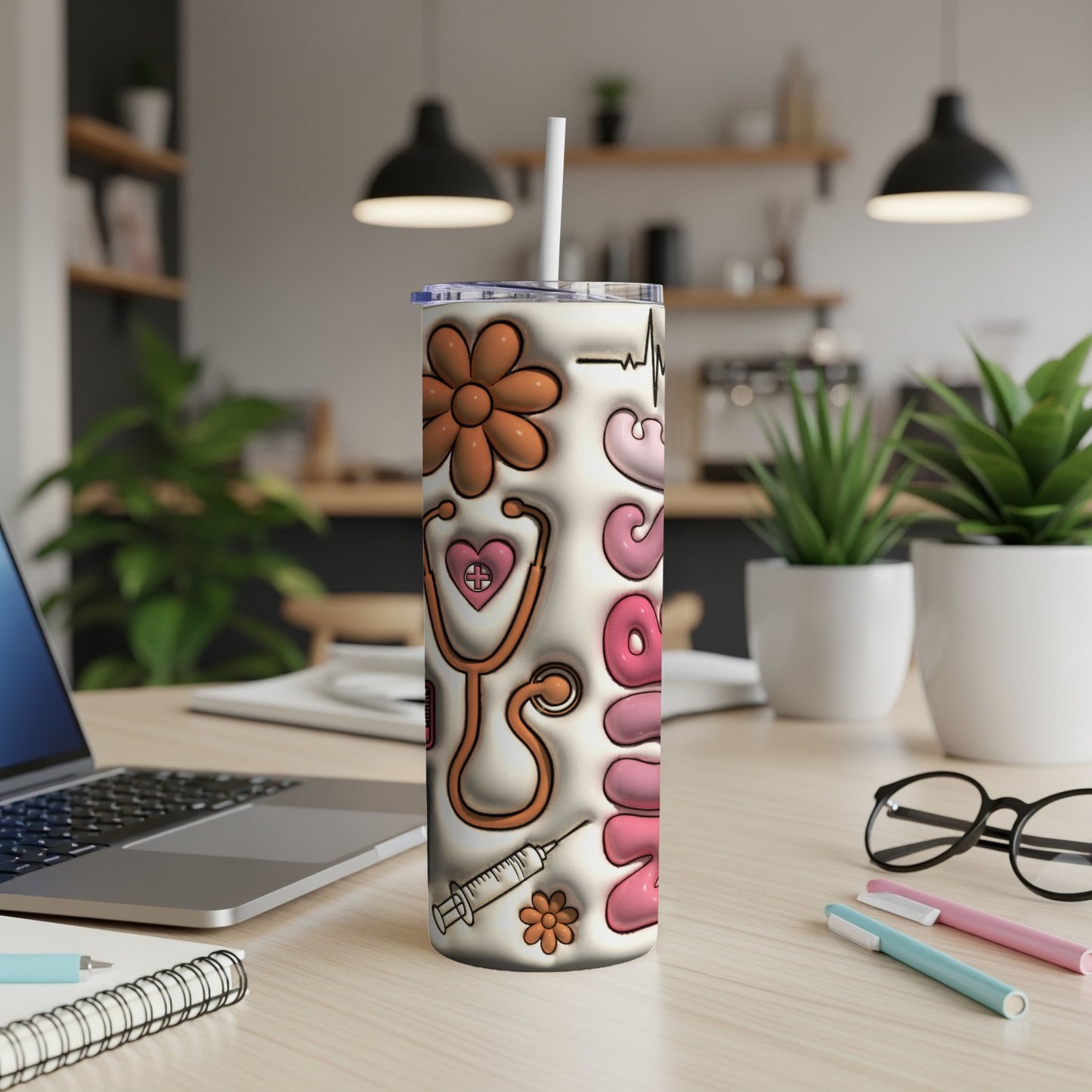 Nurse themed tumbler with stethoscope, syringe, and floral accents.