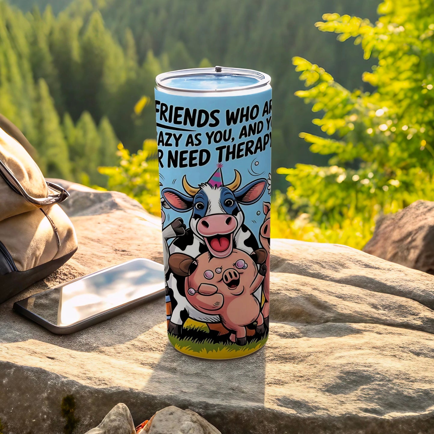 Crazy Friends Therapy Tumbler with Funny Cow and Pig Design