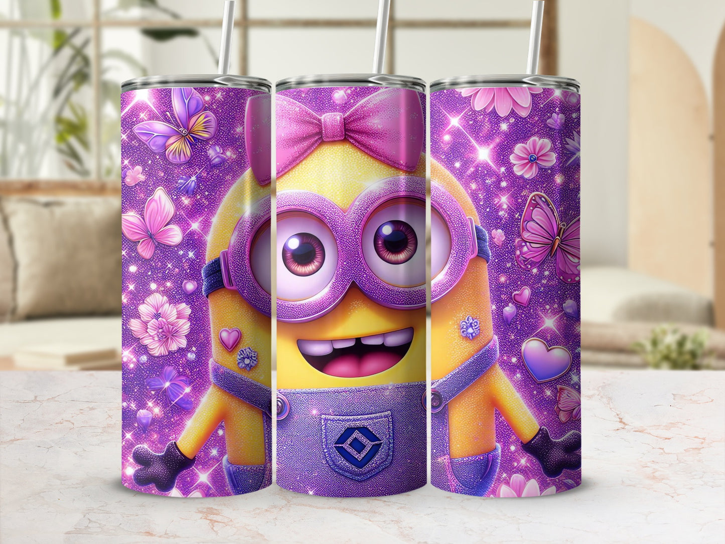 Adorable Cartoon Character Purple Glitter Tumbler