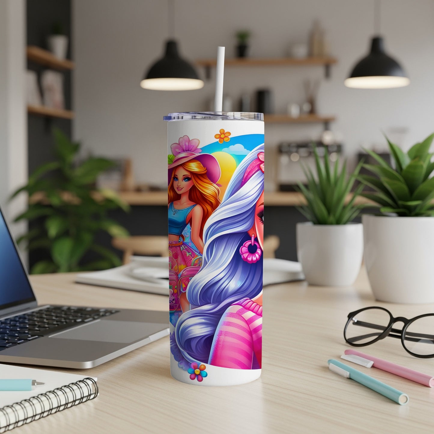 Tumbler featuring two illustrated girls with long, colorful hair and bright clothing.