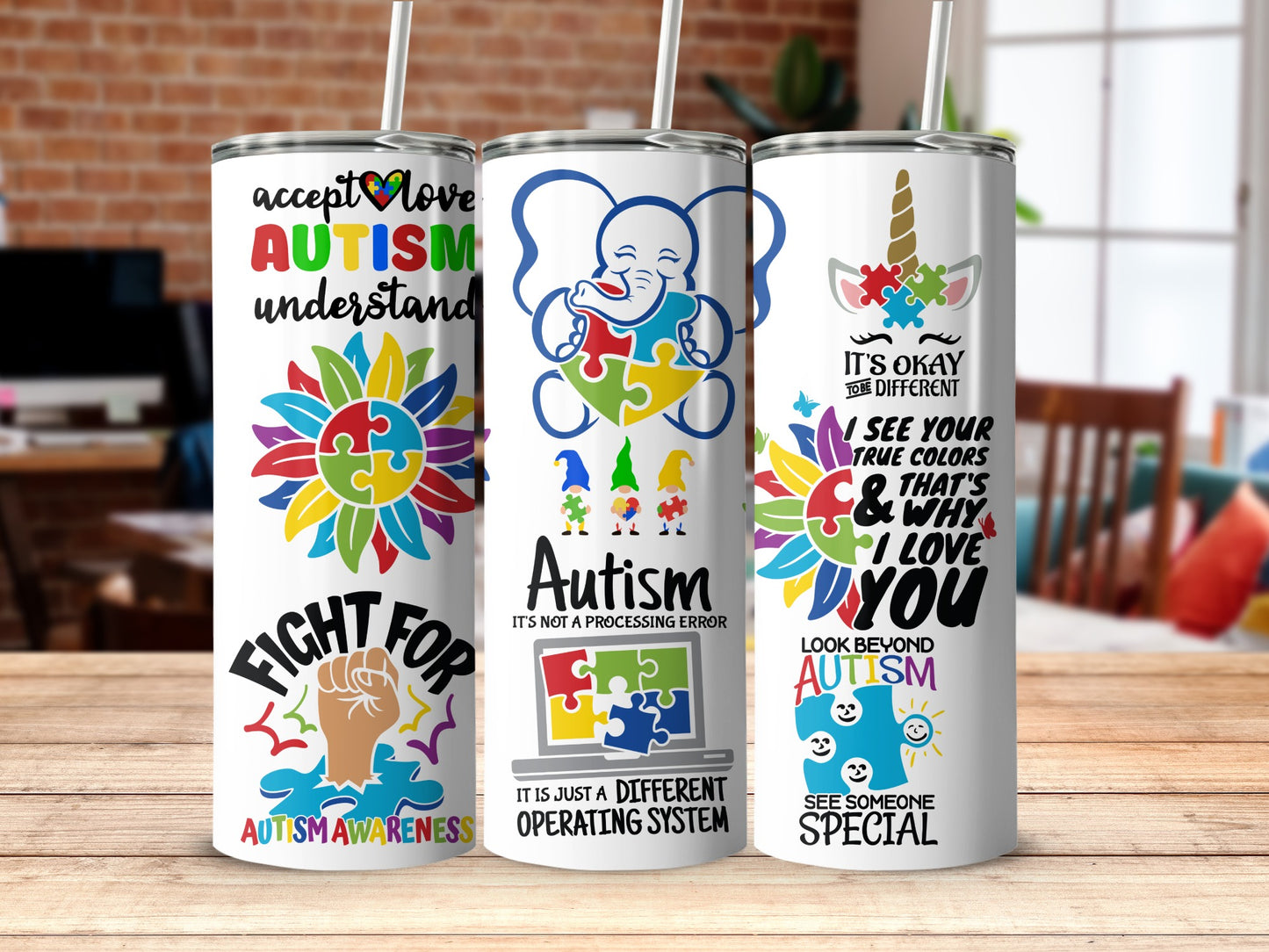 Colorful Autism Awareness Tumblers Set with Unique Designs