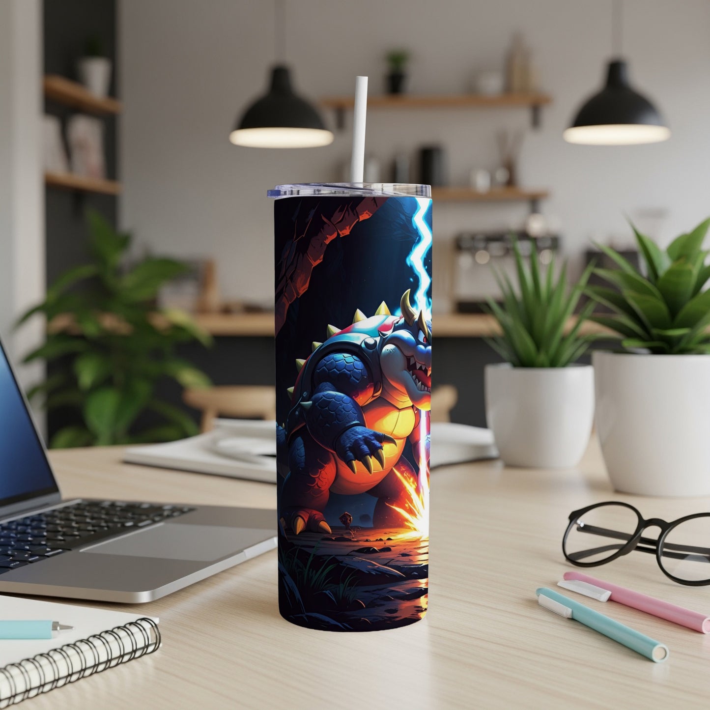 A Bowser-themed tumbler with a lightning bolt design on a desk.