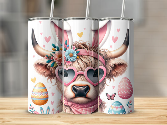Cute cow with bunny ears and heart glasses, Easter eggs and butterflies.