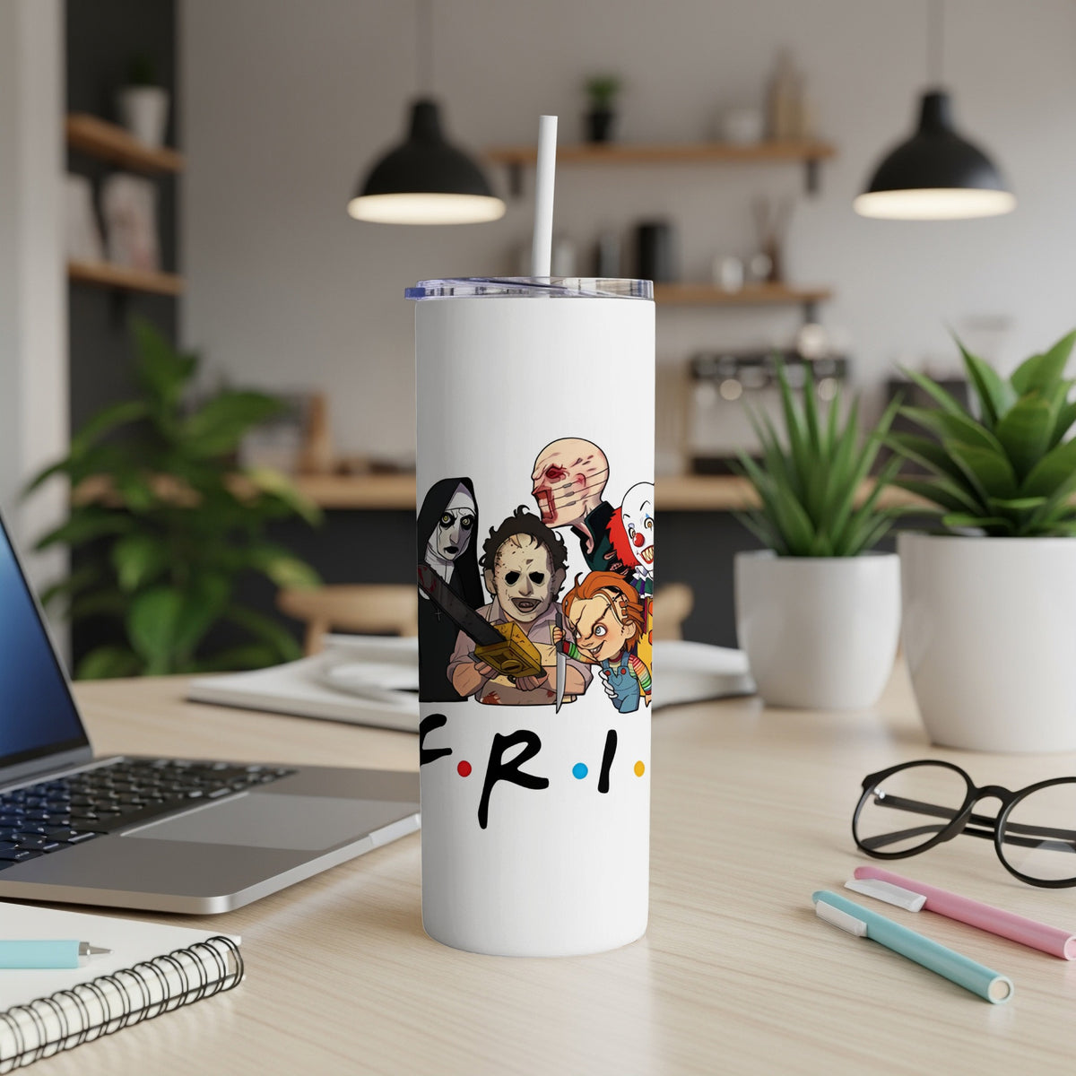 White tumbler with horror characters and "F.R.I." text in Friends font.