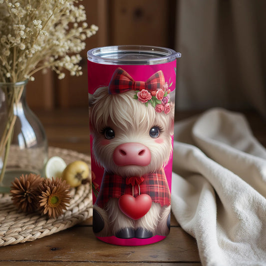 Cute Highland Cow Tumbler with Heart and Plaid Design