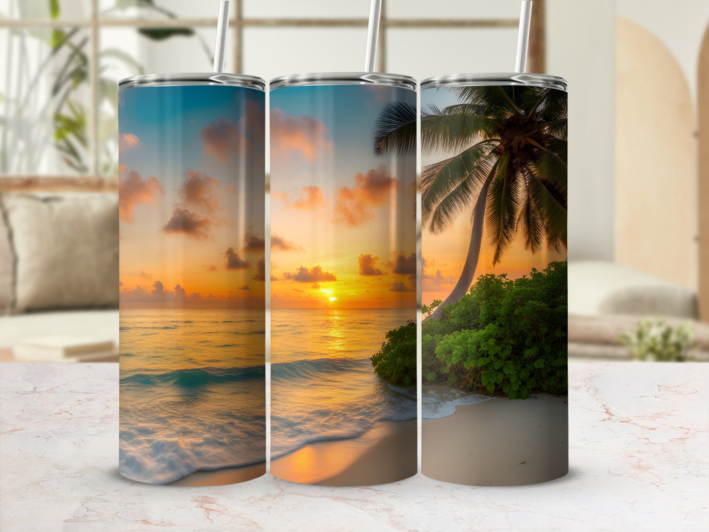 Stunning Beach Sunset and Palm Tree Design Tumblers
