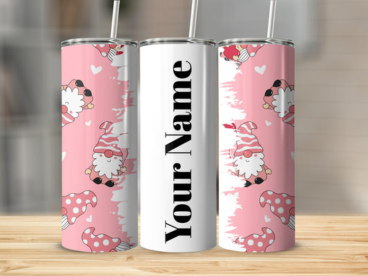 Personalized Pink Gnome Design Tumbler with Straw