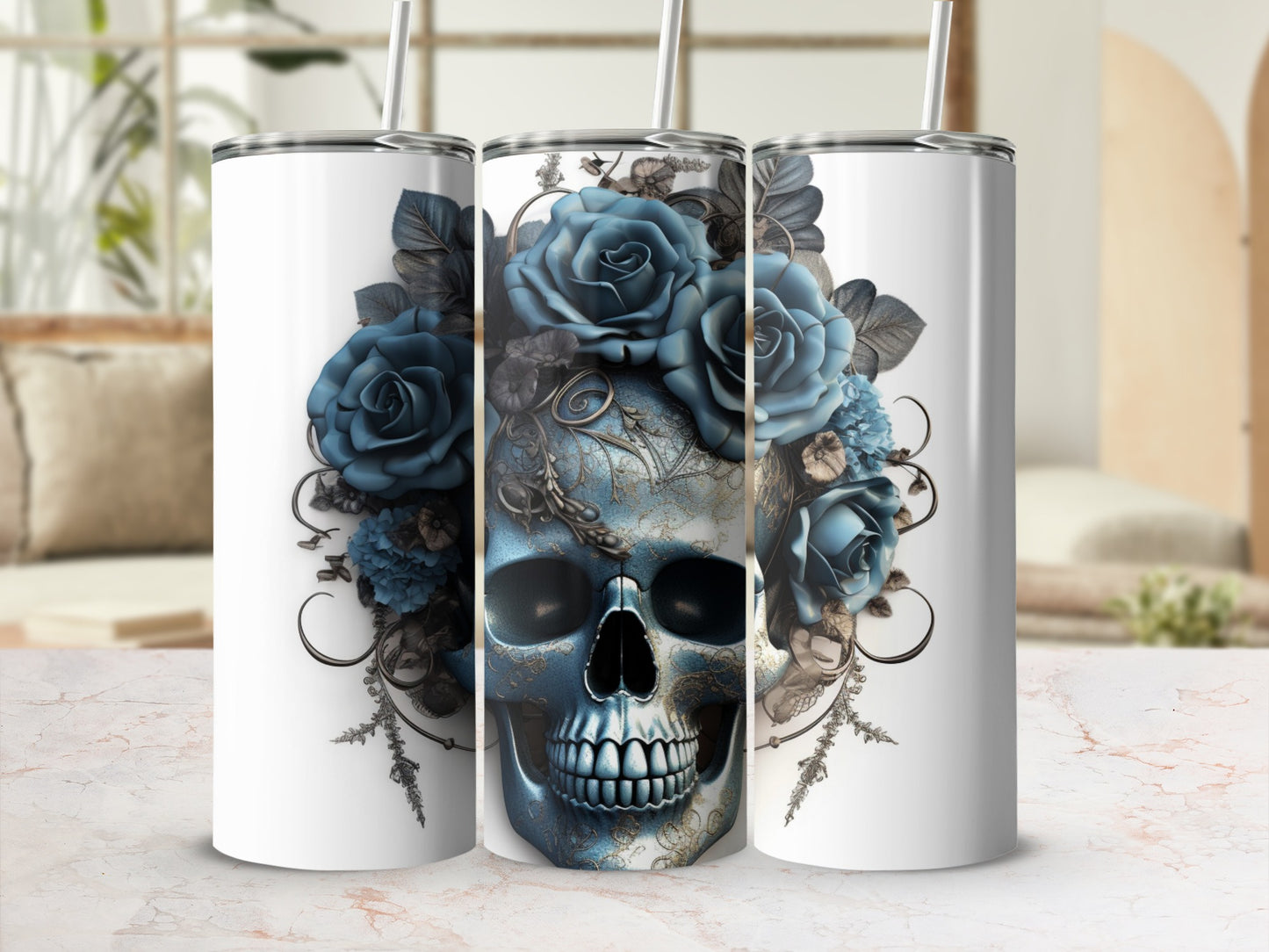 Blue Roses and Skull Stainless Steel Tumbler