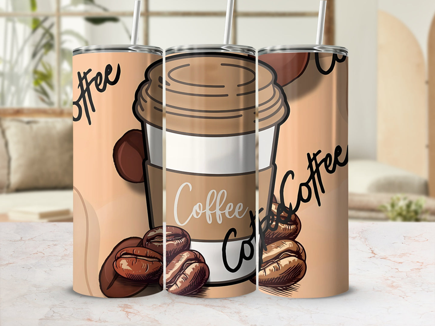Coffee Theme Travel Tumblers with Bean Graphics Decor