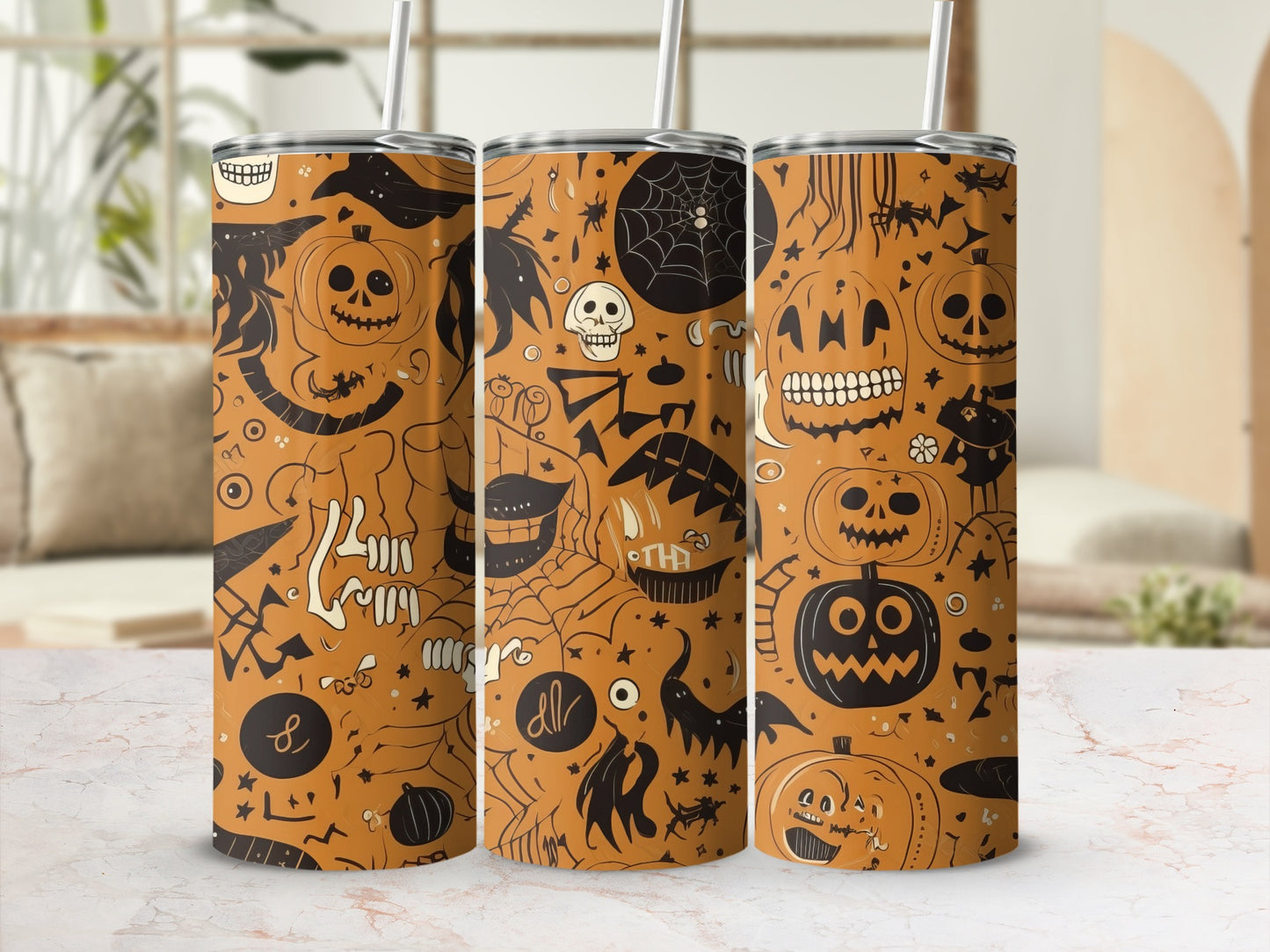 Halloween Pumpkin and Skeleton Themed Tumbler Cups