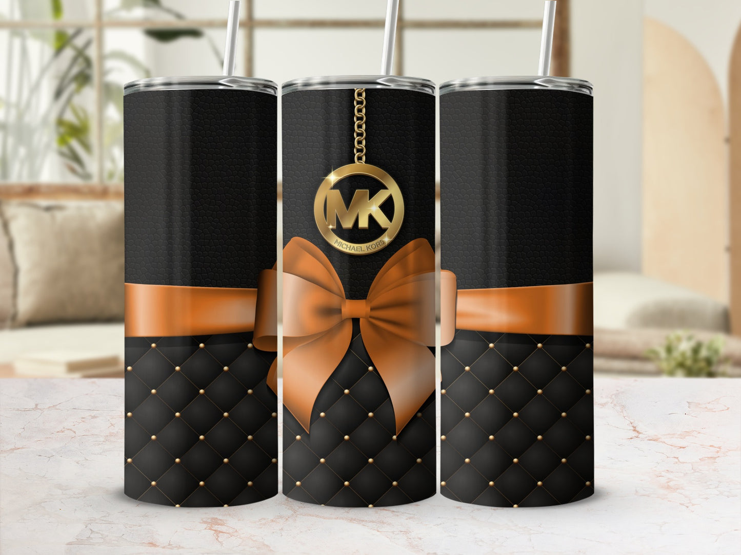 Black and Orange Quilted Bow Design Tumbler Cup
