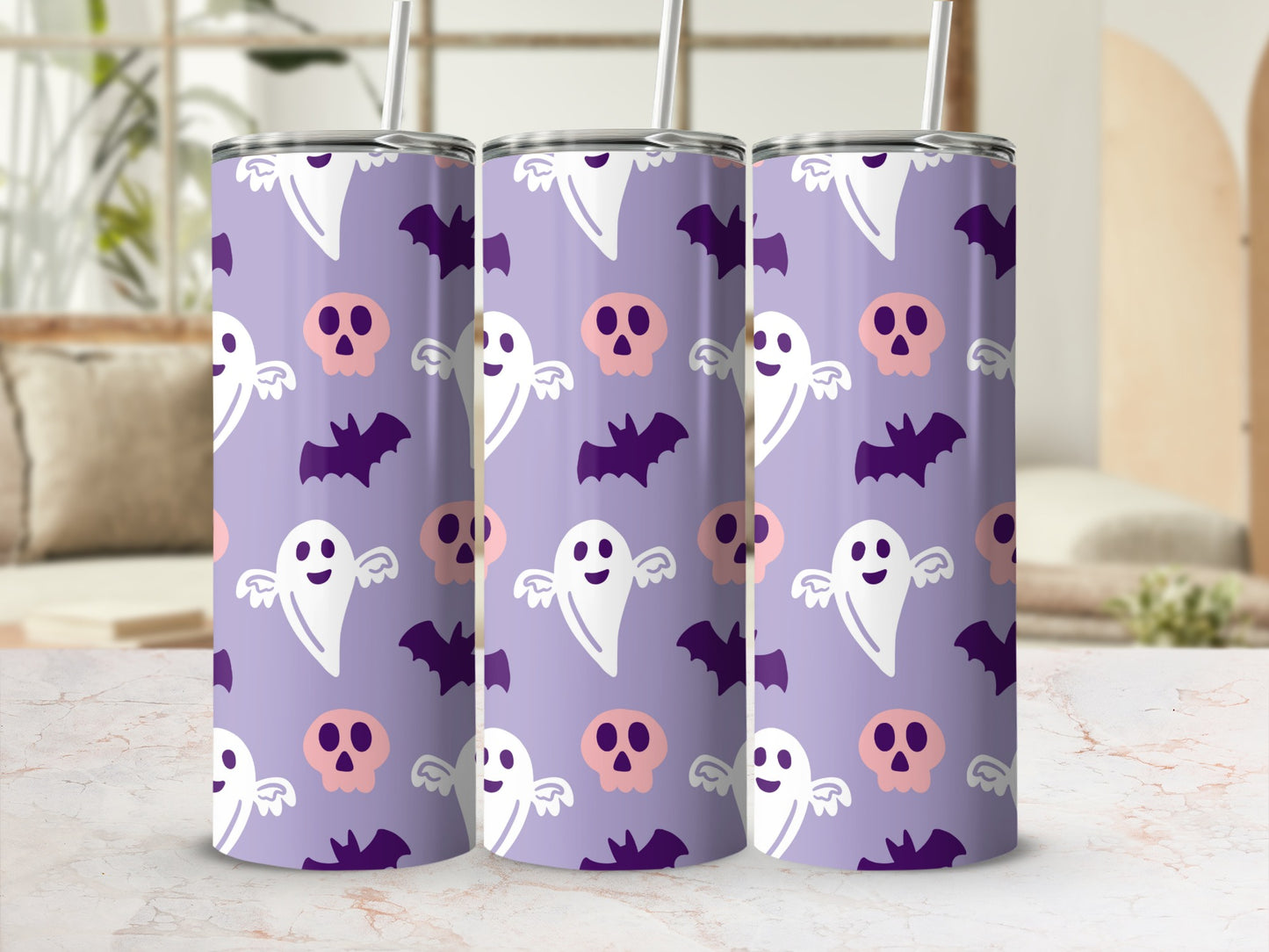 Cute Halloween Ghosts and Bats Patterned Tumbler