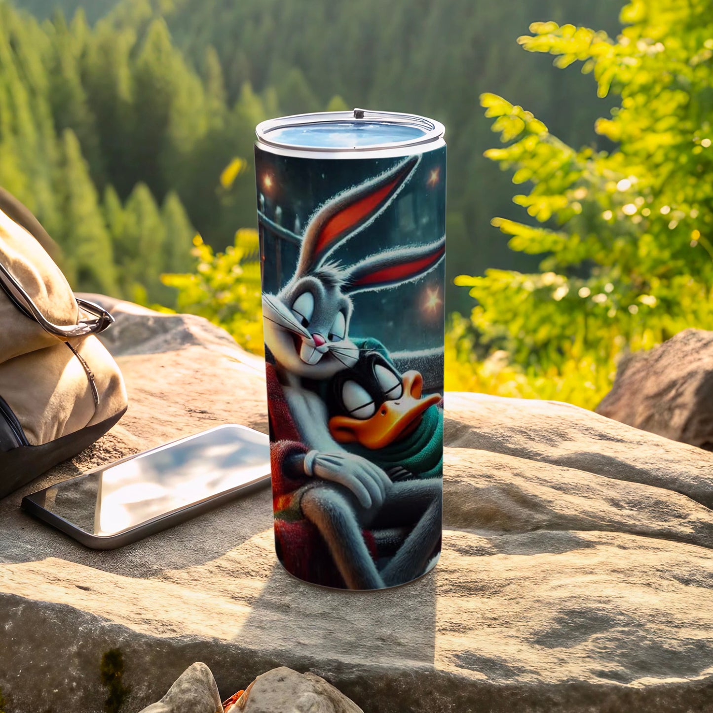 Bugs Bunny and Daffy Duck Travel Mug with Scenic Background