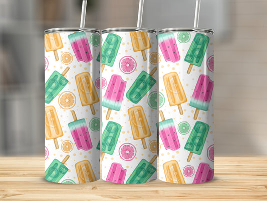 Three tumblers with a pattern of colorful popsicles and citrus slices.