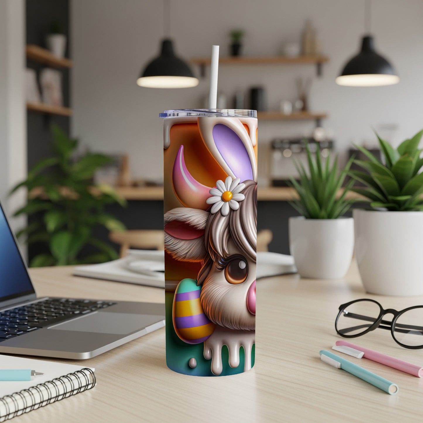 Easter cow tumbler with bunny ears and egg.