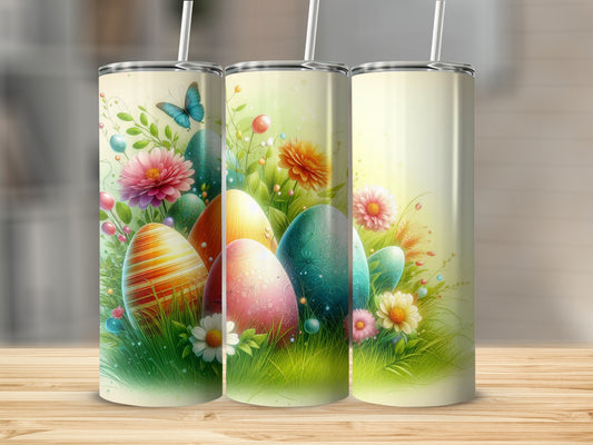 Easter eggs and flowers on a grassy field, digital art.