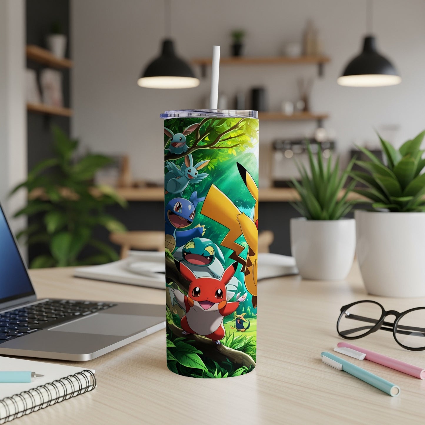 Pikachu and friends on a woodland background, on a white tumbler.