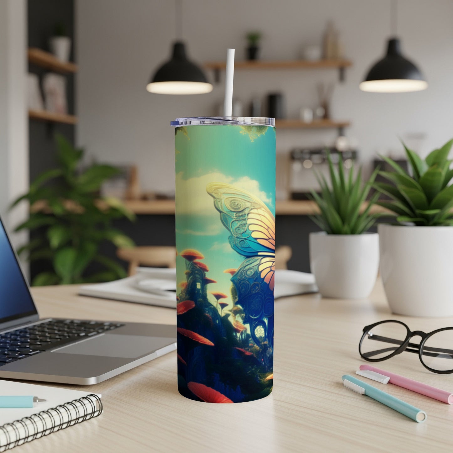 Butterfly, mushrooms, and fantasy scene on a white skinny tumbler.