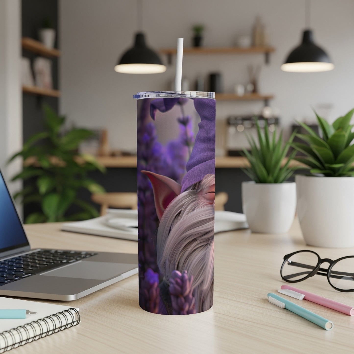 Gnome peeking from behind purple flowers on a tumbler.